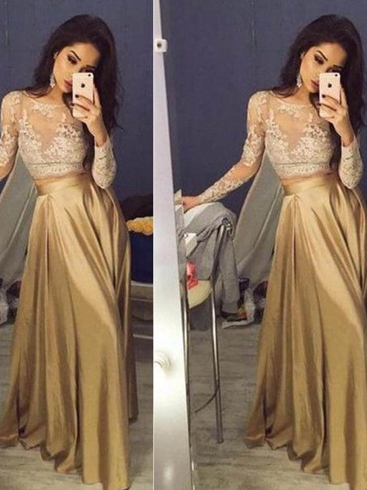 A-Line Taffeta Scoop Long Sleeves Floor-Length With Applique Two Piece Prom Dress