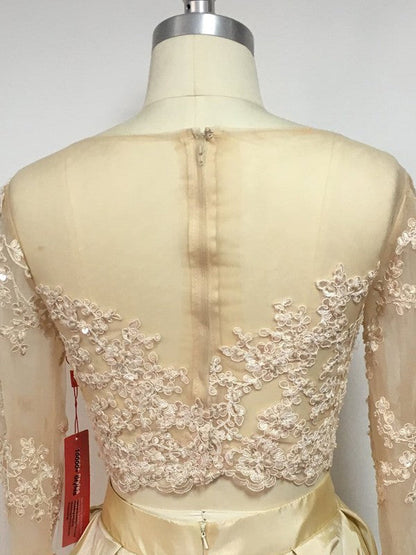 A-Line Taffeta Scoop Long Sleeves Floor-Length With Applique Two Piece Prom Dress