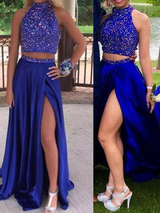 A-Line Elastic Woven Satin High Neck Sleeveless Sweep/Brush Train With Beading Two Piece Prom Dress