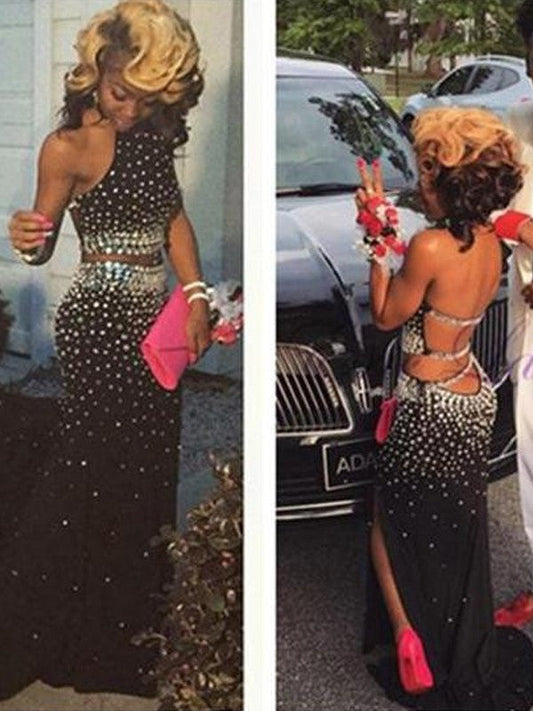 Sheath Stretch Crepe Halter Sleeveless Sweep/Brush Train With Beading Two Piece Prom Dress