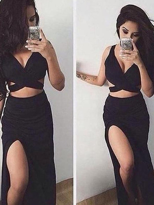 Mermaid Spandex V-neck Sleeveless Floor-Length With Ruched Two Piece Prom Dress