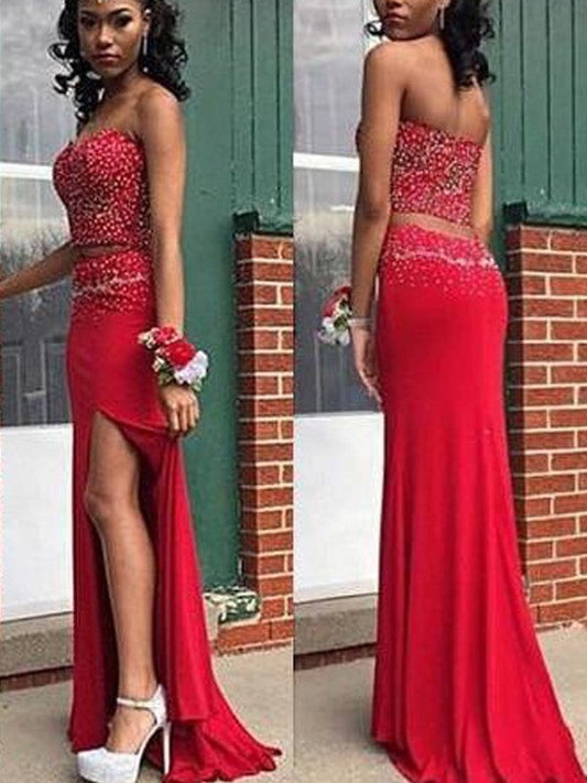 Sheath Jersey Sweetheart Sleeveless Sweep/Brush Train With Beading Two Piece Prom Dress