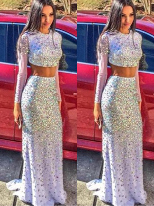 Mermaid Chiffon Scoop Long Sleeves Sweep/Brush Train With Sequin Two Piece Prom Dress