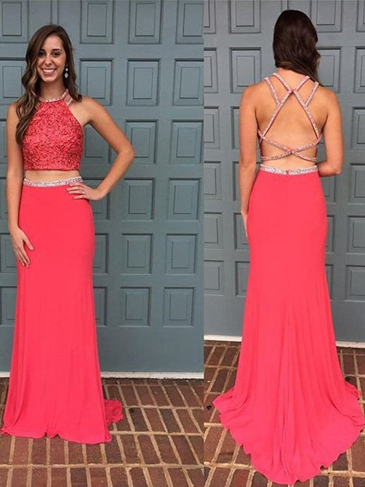 Sheath Jersey Halter Sleeveless Sweep/Brush Train With Beading Two Piece Prom Dress