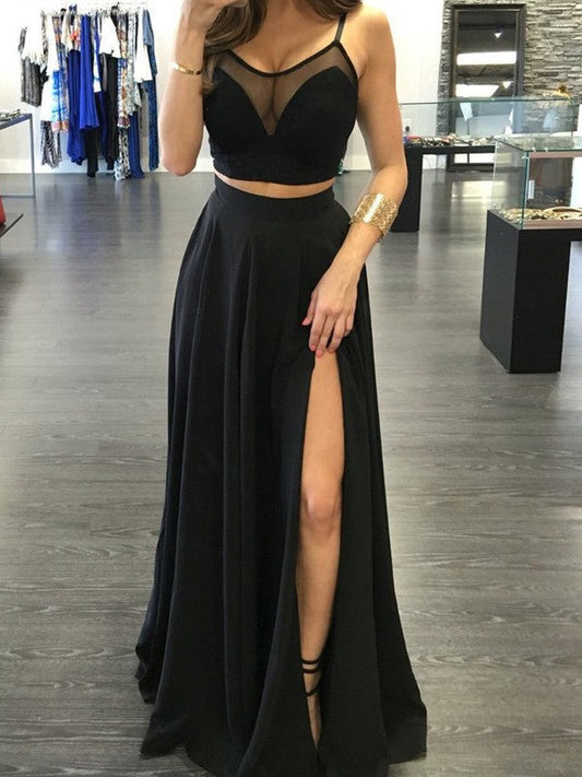 A-Line Chiffon Spaghetti Straps Sleeveless Floor-Length With Ruffles Two Piece Prom Dress