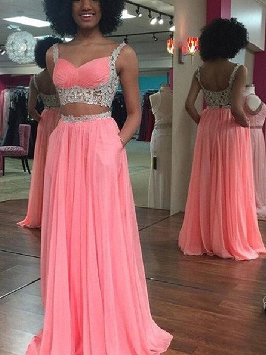 A-Line Chiffon Straps Sleeveless Floor-Length With Lace Two Piece Prom Dress
