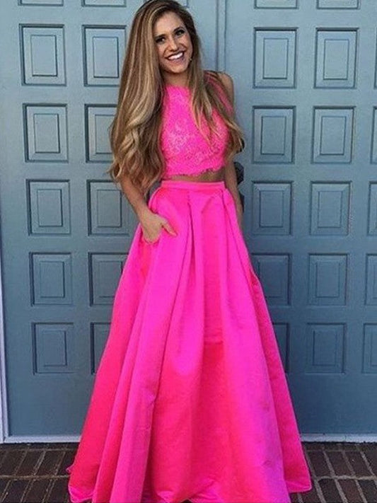 A-Line Satin Scoop Sleeveless Floor-Length With Lace Two Piece Prom Dress