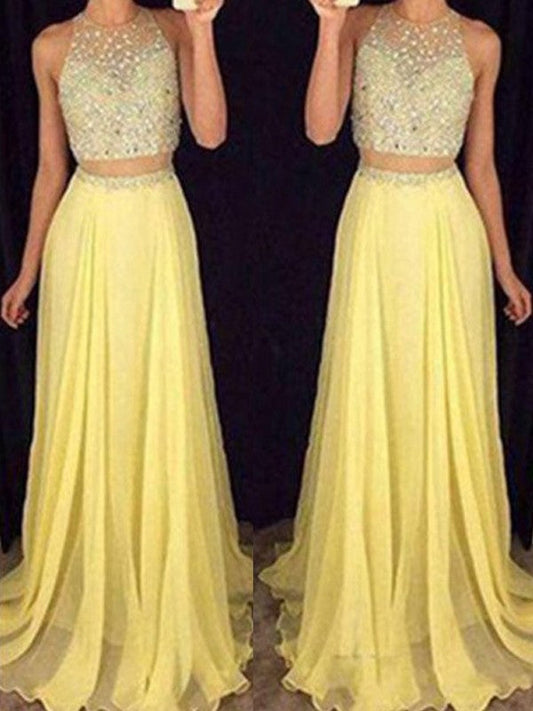 A-Line Chiffon Scoop Sleeveless With Beading Two Piece Prom Dress