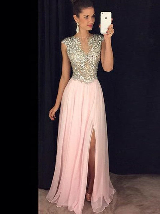 A-Line 30D Chiffon Bateau Sleeveless Floor-Length With Sequin Prom Dress
