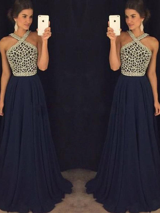A-Line Chiffon Halter Sleeveless Floor-Length With Beading Prom Dress