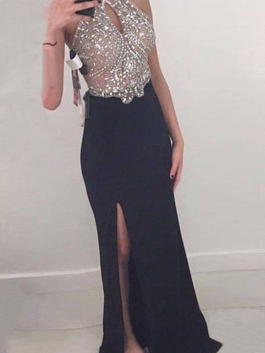 Sheath Jersey Halter Sleeveless Floor-Length With Beading Prom Dress