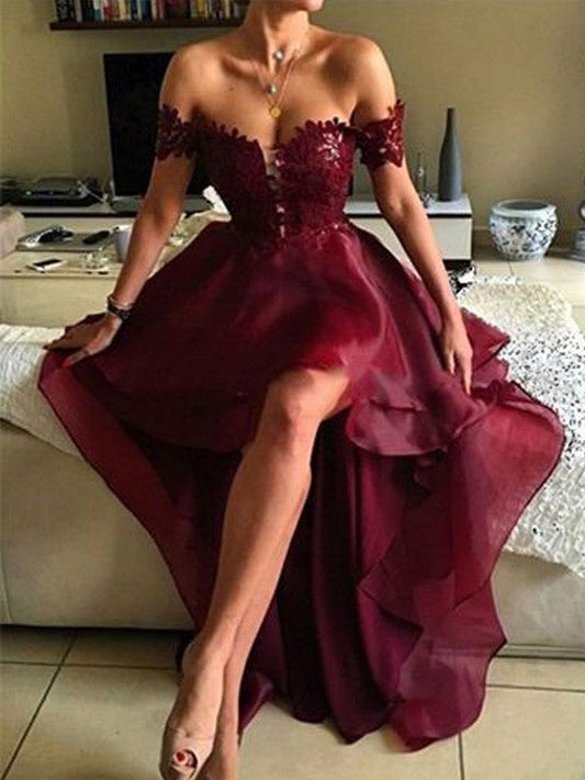 A-Line Organza Off-the-Shoulder Sleeveless Asymmetrical With Applique Prom Dress