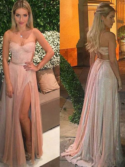 A-Line Chiffon Sweetheart Sleeveless Sweep/Brush Train With Lace Prom Dress