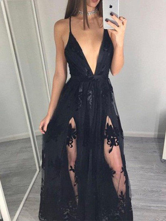 A-Line Tulle Spaghetti Straps Sleeveless Floor-Length With Applique Prom Dress