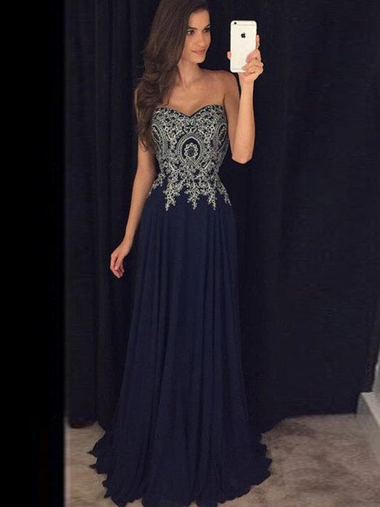 A-Line Chiffon Sweetheart Sleeveless Floor-Length With Applique Prom Dress