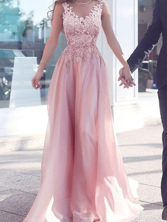 A-Line Chiffon Sweetheart Sleeveless Floor-Length With Applique Prom Dress