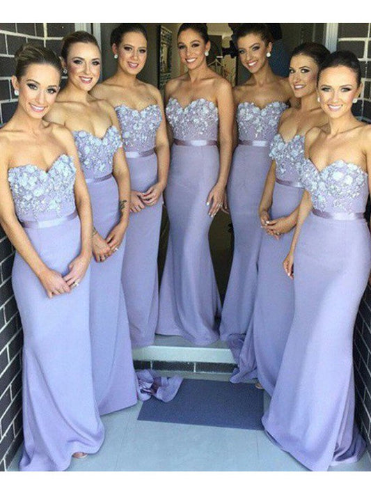 Sheath Elastic Woven Satin Sweetheart Sleeveless Sweep/Brush Train With Hand-Made Flower Bridesmaid Dresses