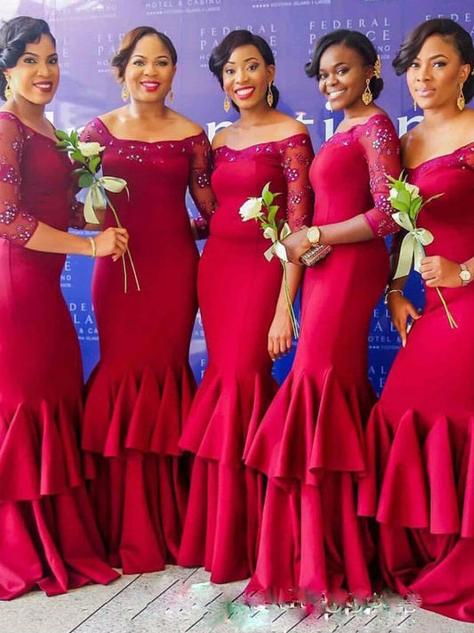 Mermaid Stretch Crepe Off-the-Shoulder 3/4 Sleeves Floor-Length With Ruched Bridesmaid Dresses