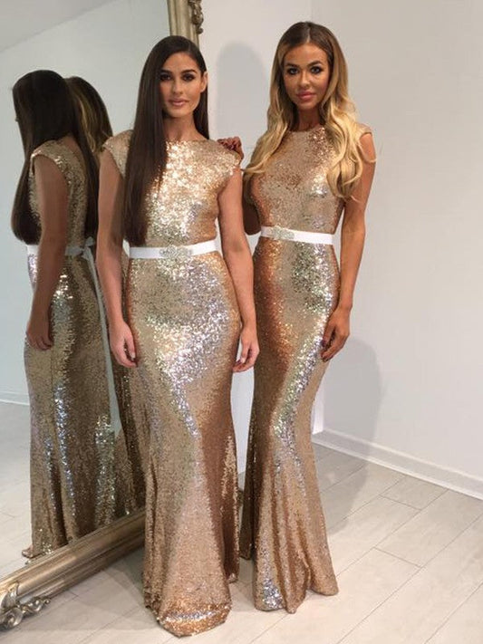 Sheath Sequins Bateau Sleeveless Floor-Length With Sash/Ribbon/Belt Bridesmaid Dresses