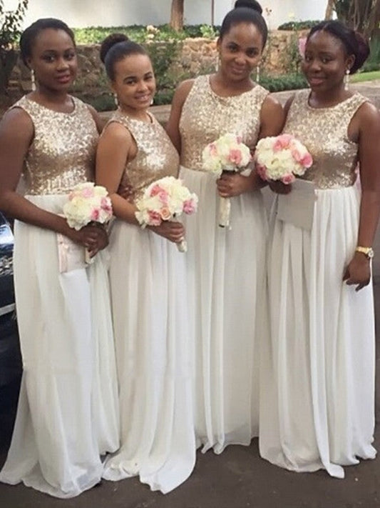 A-Line Chiffon Scoop Sleeveless Floor-Length With Paillette Bridesmaid Dresses