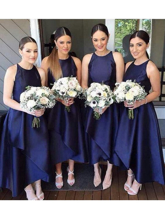 A-Line Satin Scoop Sleeveless Asymmetrical With Layers Bridesmaid Dresses