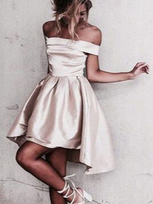 A-Line Silk like Satin Off-the-Shoulder Sleeveless Short/Mini With Ruffles Homecoming Dress