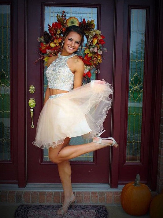 A-Line Tulle Scoop Sleeveless Short/Mini With Beading Two Piece Prom Dress