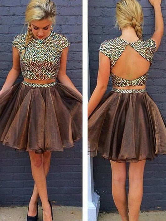 A-Line Organza Scoop Sleeveless Short/Mini With Beading Two Piece Homecoming Dress