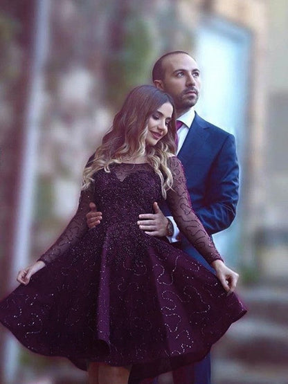 A-Line Lace Scoop Long Sleeves Short/Mini With Paillette Homecoming Dress