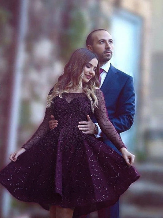 A-Line Lace Scoop Long Sleeves Short/Mini With Paillette Homecoming Dress