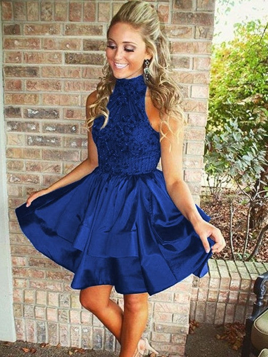 A-Line Satin High Neck Sleeveless Short/Mini With Beading Homecoming Dress
