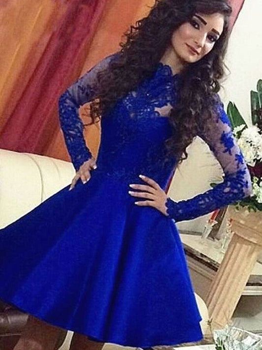 A-Line Satin Scoop Long Sleeves Short/Mini With Lace Homecoming Dress