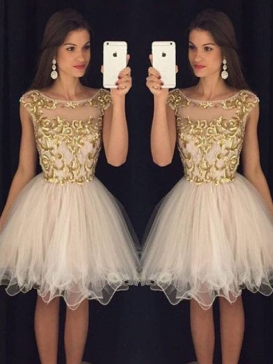 A-Line Tulle Scoop Sleeveless Short/Mini With Paillette Homecoming Dress