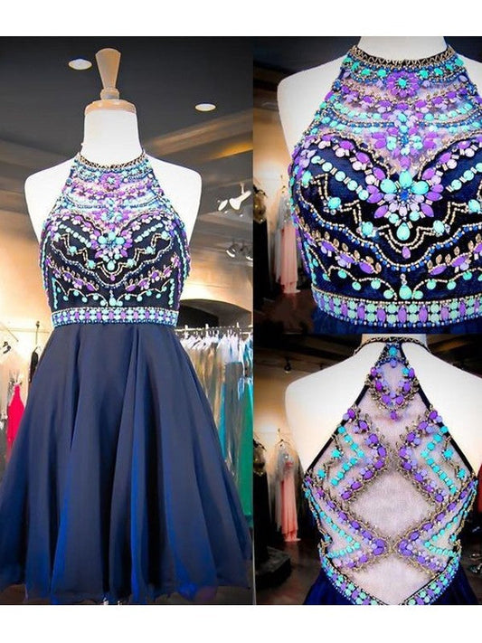 A-Line Chiffon Scoop Sleeveless Short/Mini With Beading Homecoming Dress