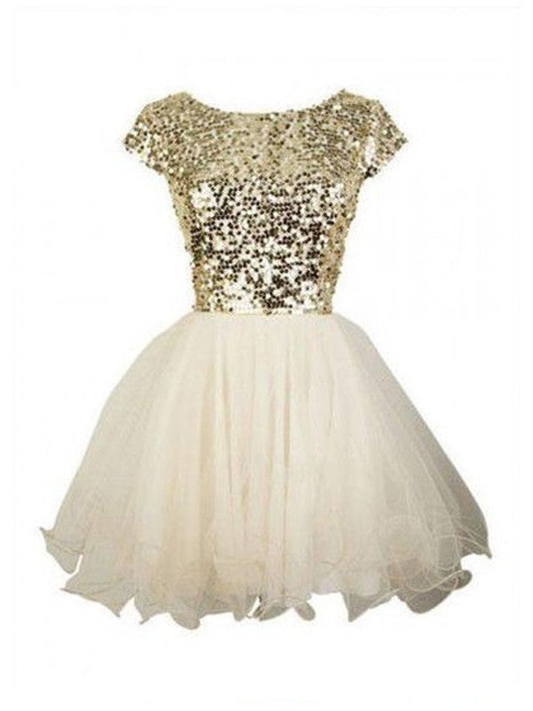 A-Line Tulle Scoop Sleeveless Short/Mini With Sequin Homecoming Dress