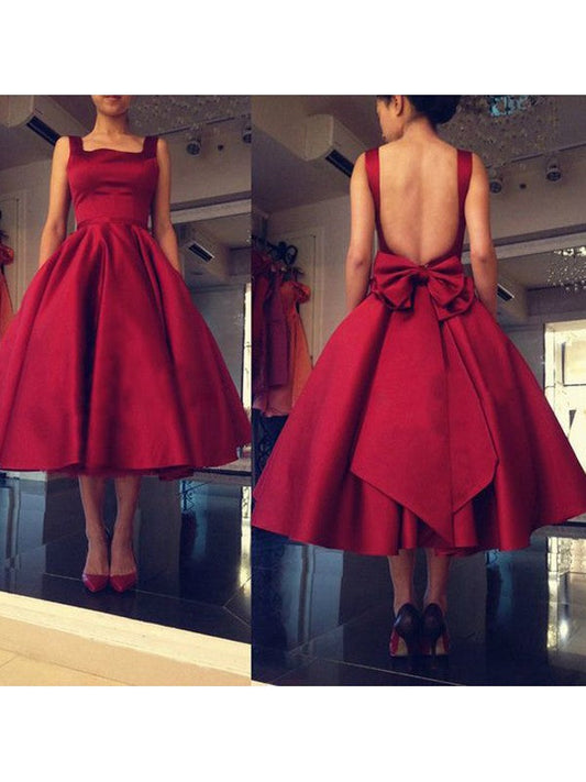 A-Line Satin Square Sleeveless Tea-Length With Bowknot Homecoming Dress
