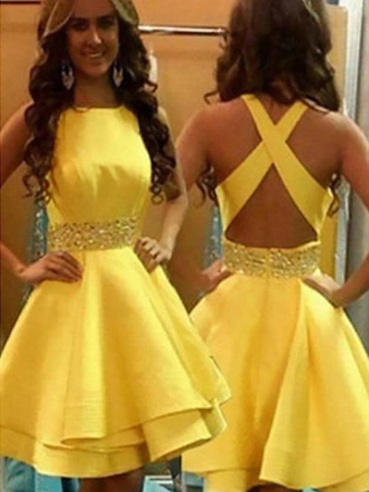 A-Line Satin Scoop Sleeveless Short/Mini With Beading Homecoming Dress