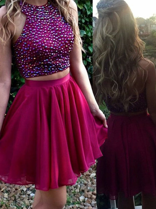 A-Line Chiffon Scoop Sleeveless Short/Mini With Beading Homecoming Dress
