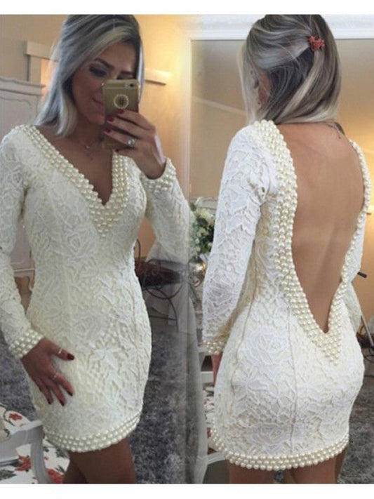 A-Line Lace V-neck Long Sleeves Short/Mini With Pearls Homecoming Dress