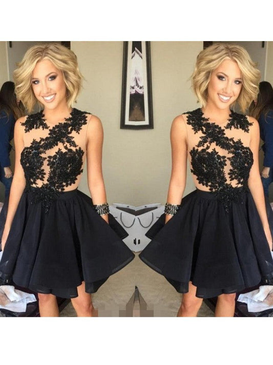 A-Line Chiffon Scoop Sleeveless Short/Mini With Lace Homecoming Dress