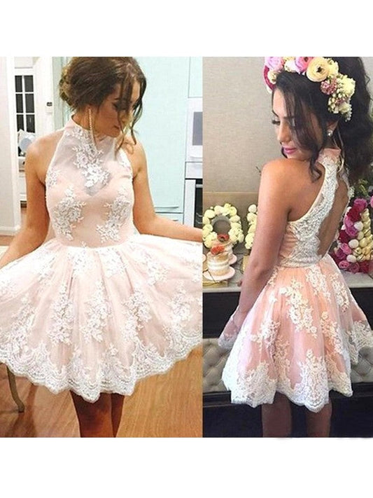 A-Line Lace High Neck Sleeveless Short/Mini With Applique Homecoming Dress