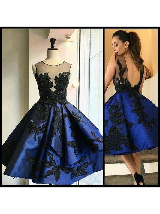 A-Line Satin Scoop Sleeveless Short/Mini With Applique Homecoming Dress