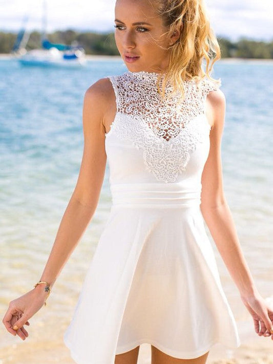 A-Line Satin High Neck Sleeveless Short/Mini With Lace Homecoming Dress