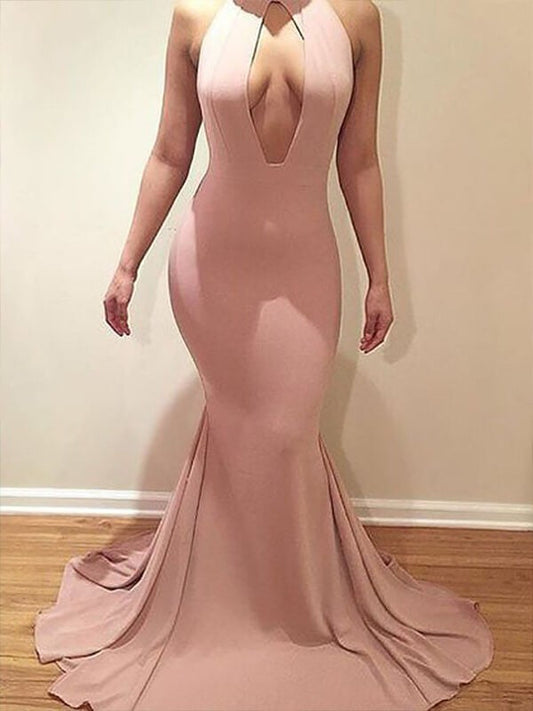 Mermaid Jersey Scoop Sleeveless Sweep/Brush Train With Ruffles Plus Size Prom Dress