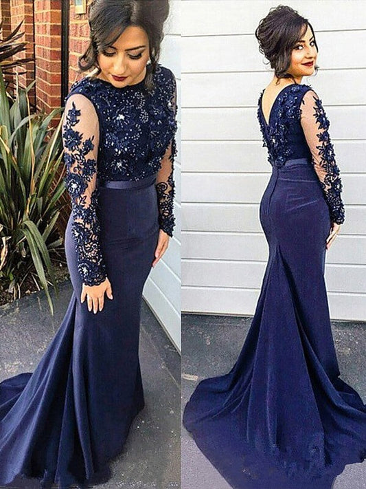 Mermaid Elastic Woven Satin Scoop Long Sleeves Sweep/Brush Train With Lace Plus Size Prom Dress