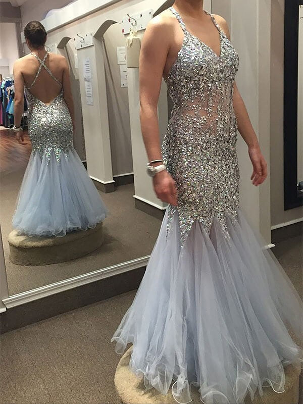Mermaid Tulle V-neck Sleeveless Floor-Length With Sequin Plus Size Prom Dress