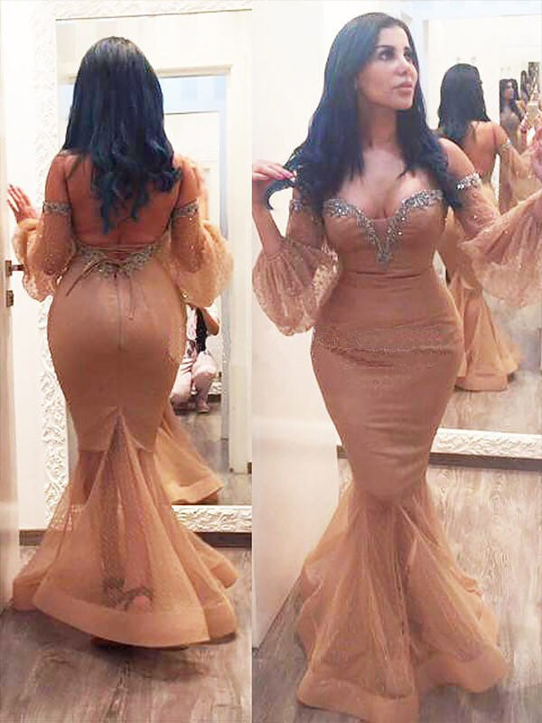 Mermaid Satin Off-the-Shoulder 3/4 Sleeves Floor-Length With Beading Plus Size Prom Dress
