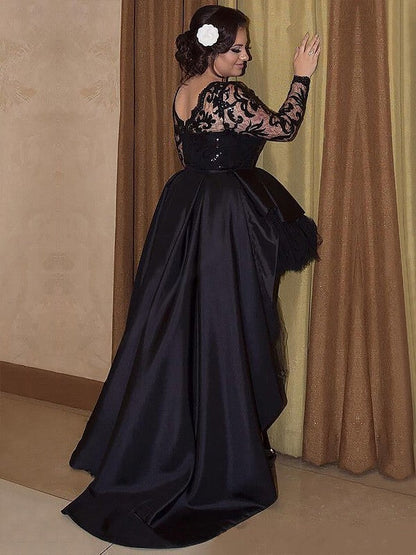 A-Line Satin Scoop Long Sleeves Asymmetrical With Applique Plus Size Prom Dress