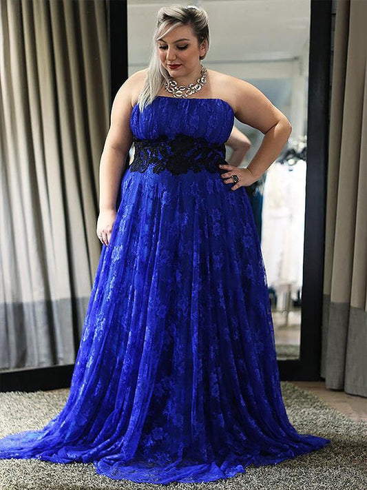 A-Line Lace Strapless Sleeveless Floor-Length With Applique Plus Size Prom Dress