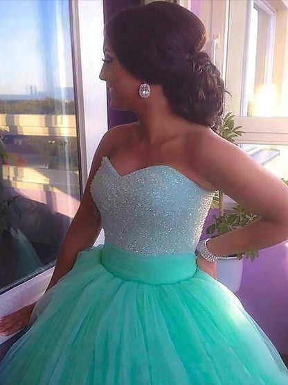 Ball Gown Tulle Sweetheart Sleeveless Sweep/Brush Train With Beading Plus Size Prom Dress